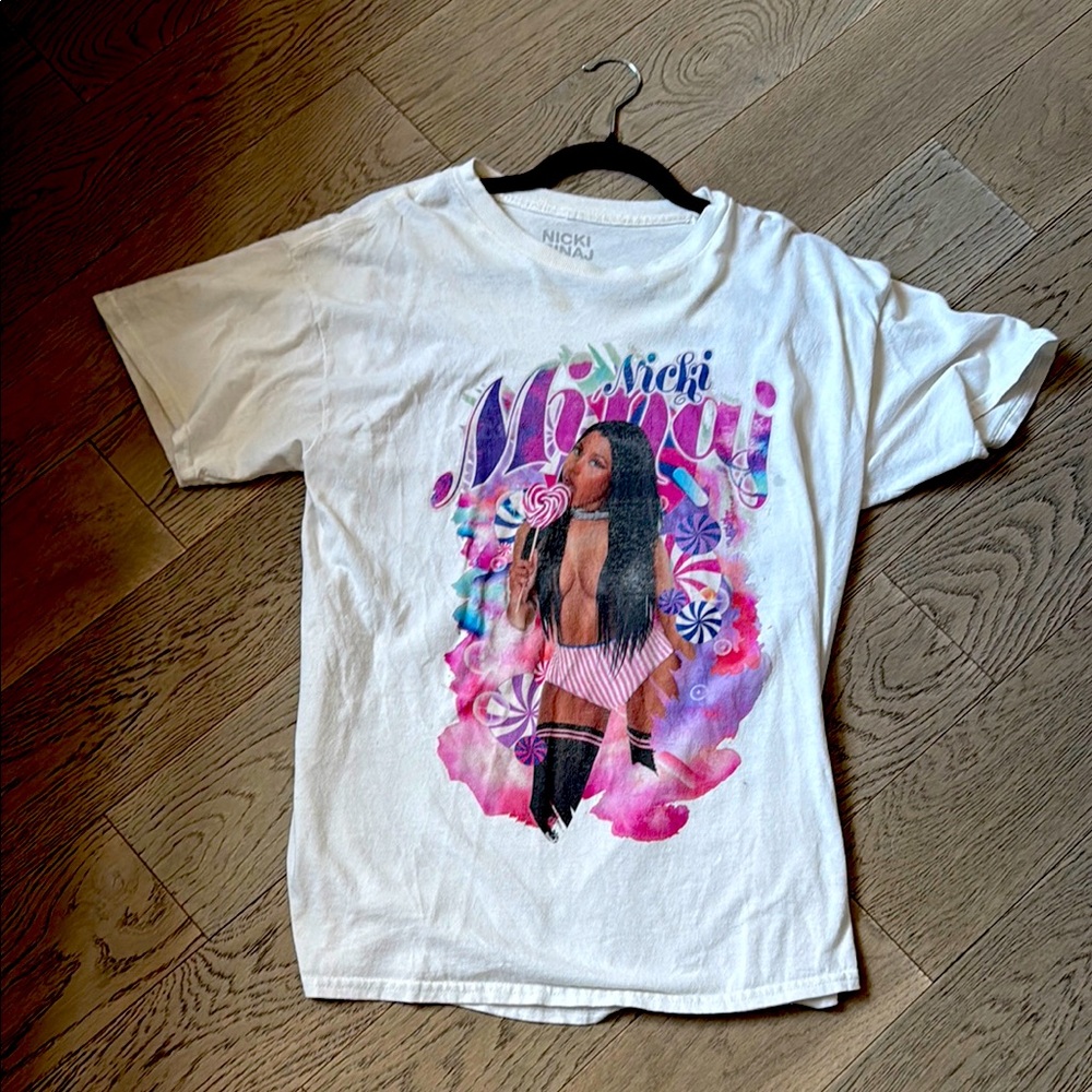 Nicki minaj White Graphic T-Shirt with Pink and Purple Design